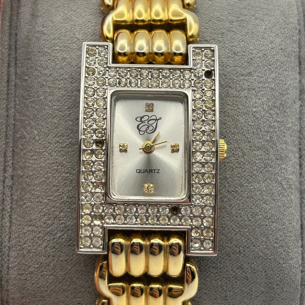 Elizabeth Taylor Encrusted Bezel Stainless Steel Gold Band Watch New Battery